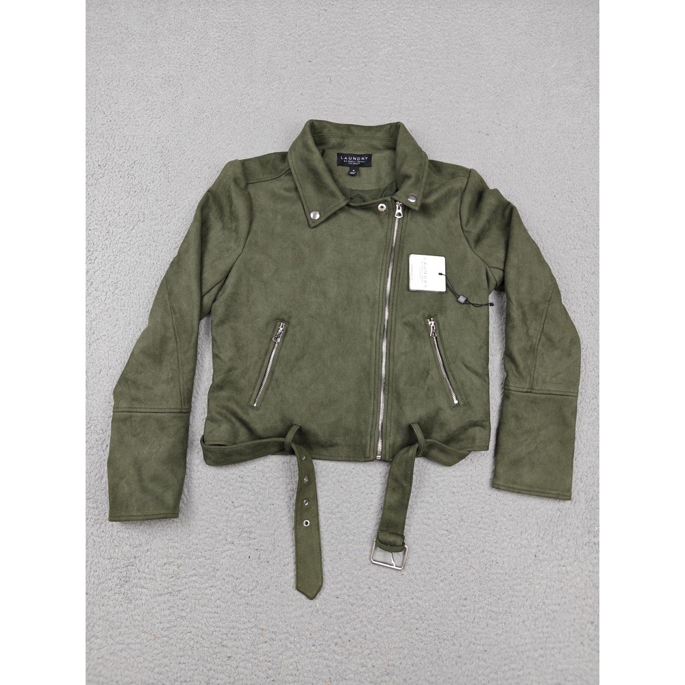 Laundry By Shelli Segal Jacket Womens Medium Green Faux Suede Moto Belted‎ Zip